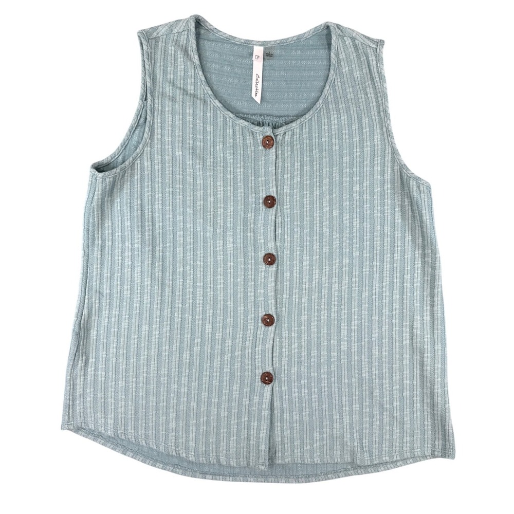 NY Collection Dusty Blue Ribbed Sleeveless Button Front Top MRKU0378 Large